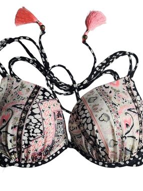 Victoria’s Secret Bikini Top 34C Push Up Boho Tassel Tie Paisley Polka Dot Swim